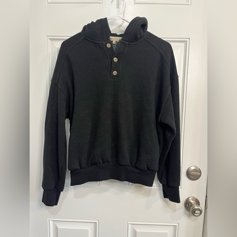 DONNI. Organic Cotton button accent Charcoal Hooded Sweatshirt Hoodie - Charcoal - Picture 9 of 9